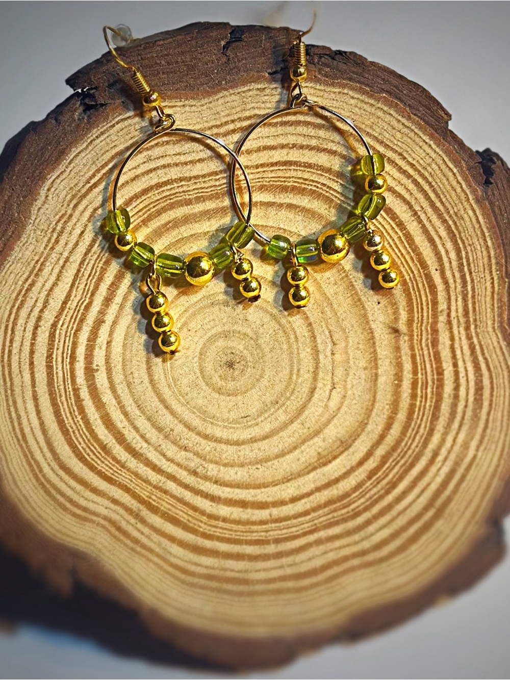Gold and Olive Green Beaded Hoop Earrings - Women's Jewelry